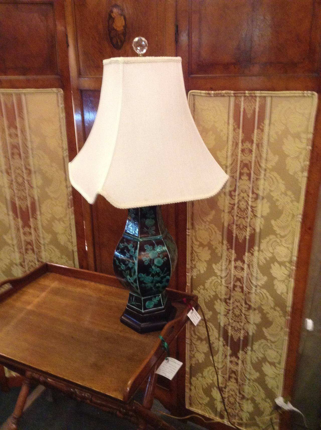 Asian Vintage Lamp , great colors in turquoise and black with white shade