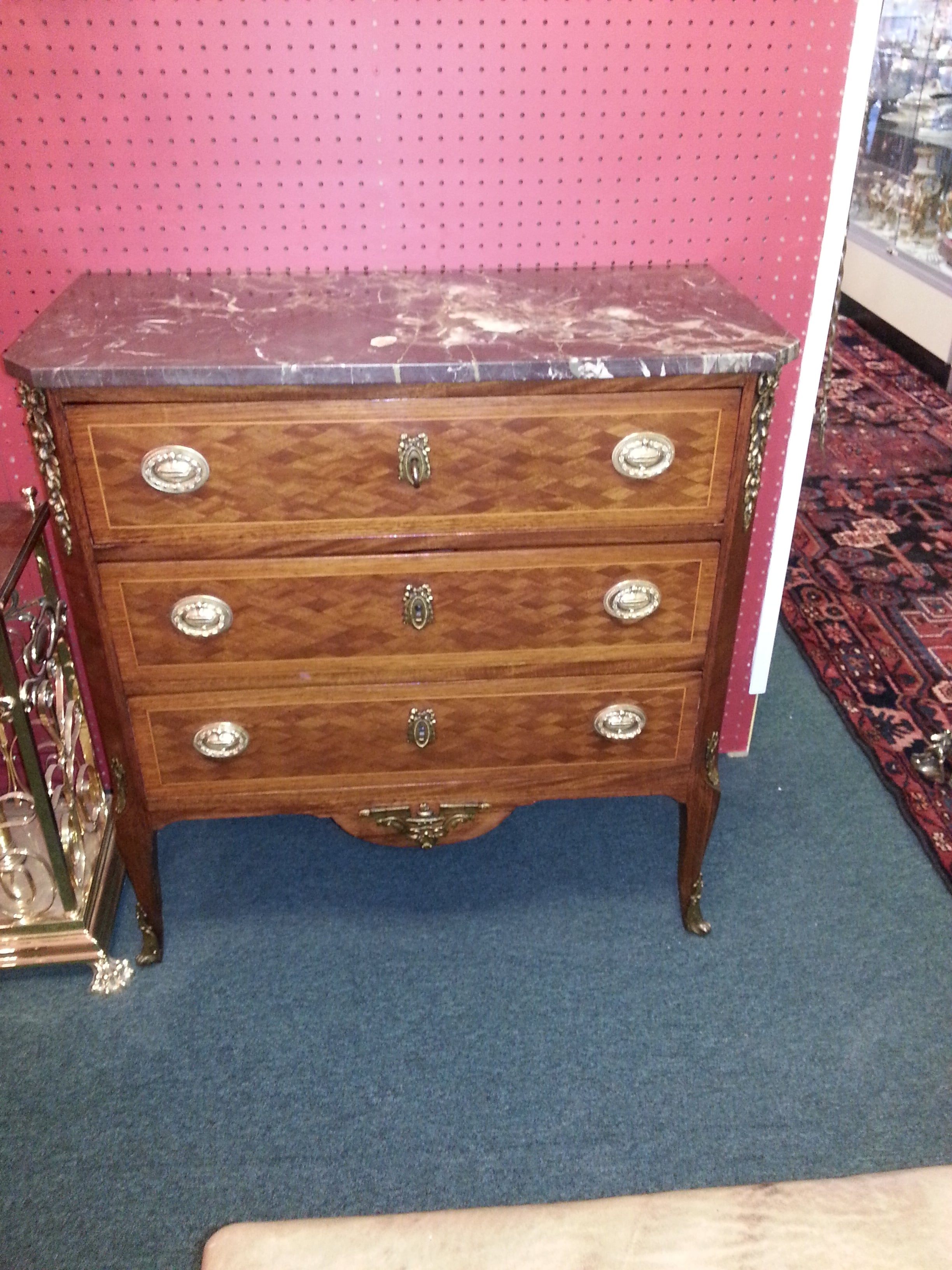 French Parquetry 3 Drawer Chest With Marble Top