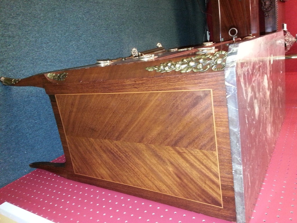 FRENCH 3 DRAWER CHEST WITH ORNATE BRASS DECORATION AND MARBLE TOP - THIS CHEST HAS GREAT PROPORTIONS AND IS VERY PLEASING TO THE EYE!  THE CHEST COMES WITH THE ORIGINAL KEY. THIS OAK CHEST IS BEAUTIFULLY DECORATED WITH A PARQUETRY DESIGN BOTH TO THE