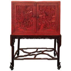 Chinese Red Lacquer Cabinet on Rosewood Stand
