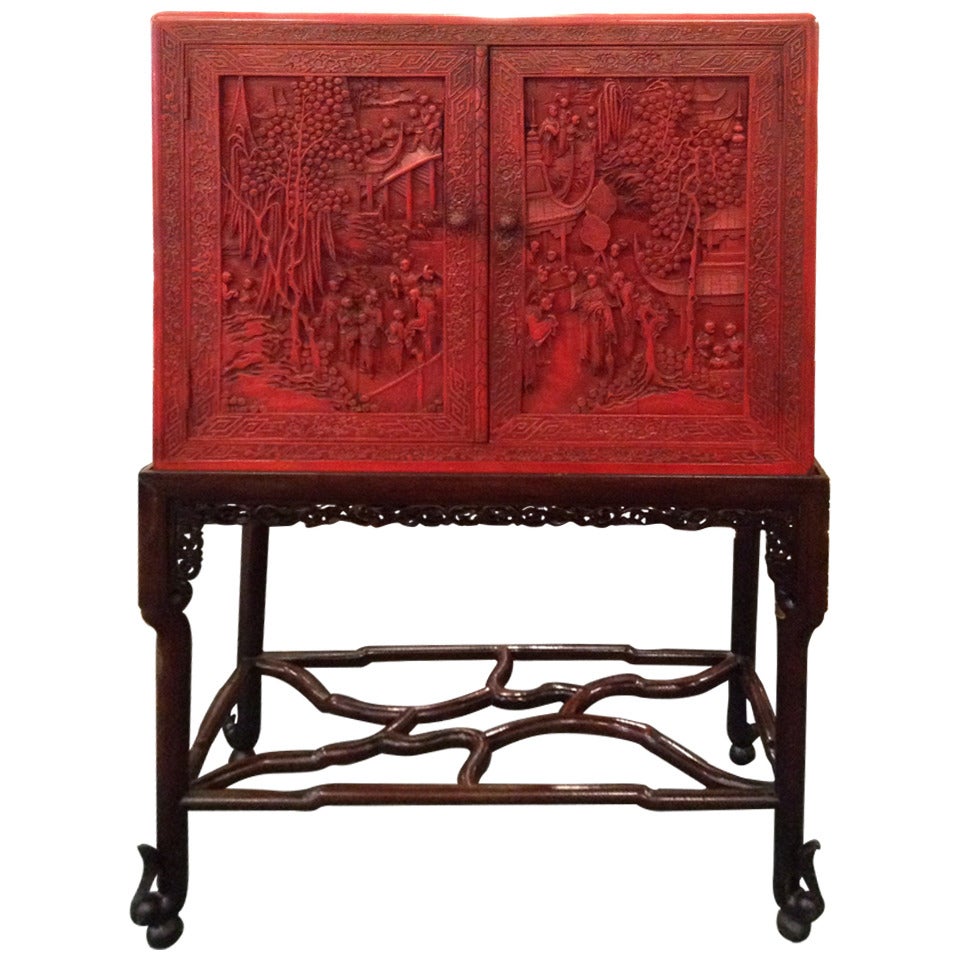 Chinese Red Lacquer Cabinet on Rosewood Stand