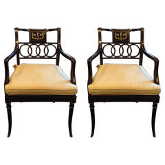 Pair of Baker Black Lacquer and Gilt Armchairs