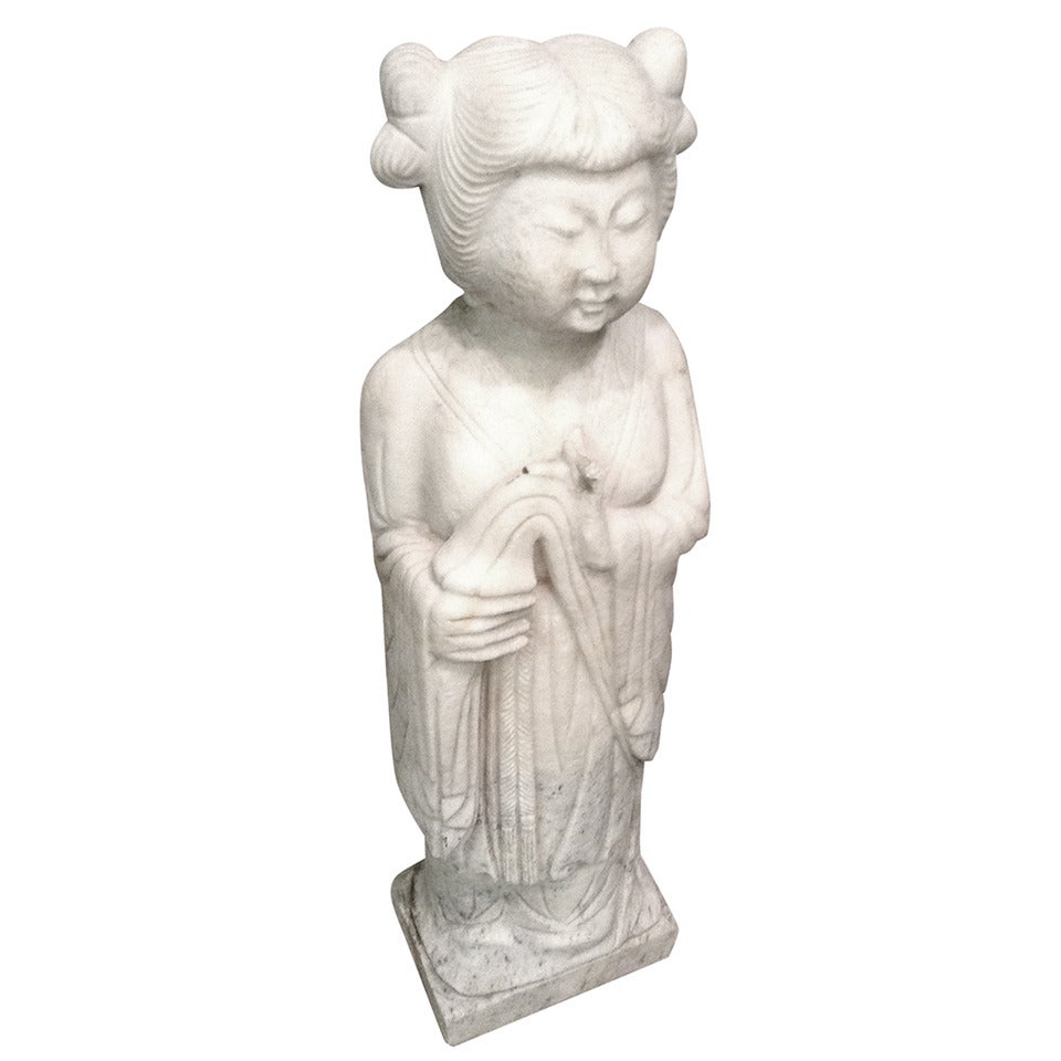 Asian Girl Statue in Carrera Marble For Sale