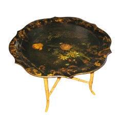 ENGLISH PAPIER MACHE BLACK LACQUER TABLE ON STAND