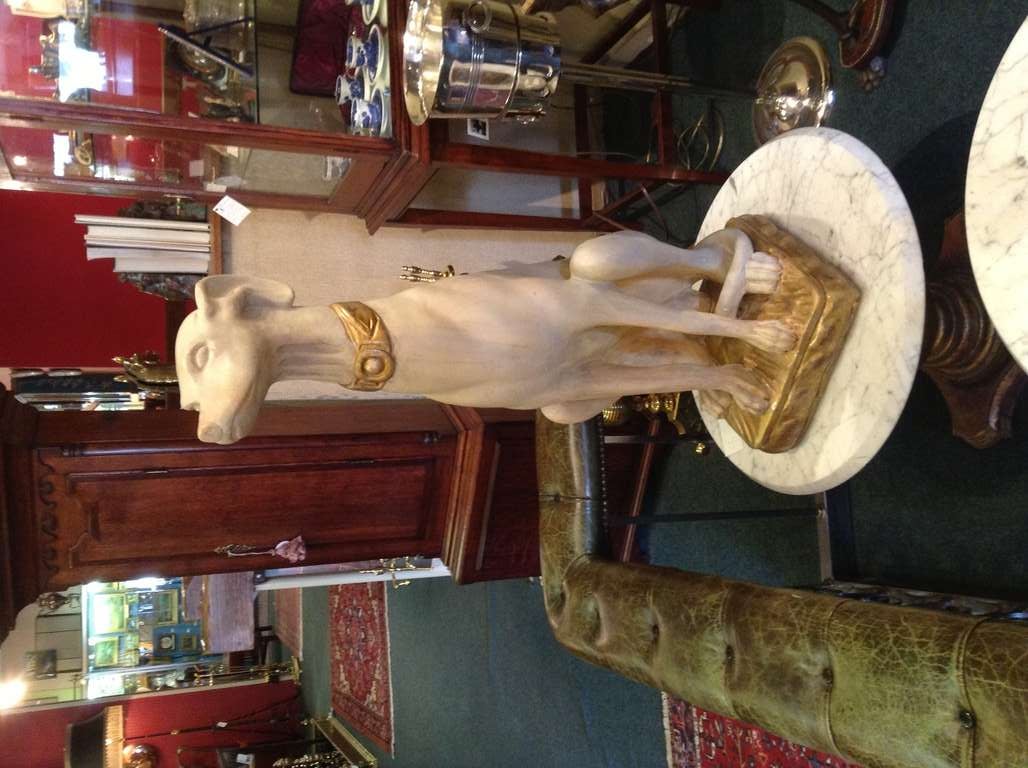 Wonderful Italian hand carved wood statue of a Greyhound - the wood is covered with a gauze like fabric and gesso over it before painting.