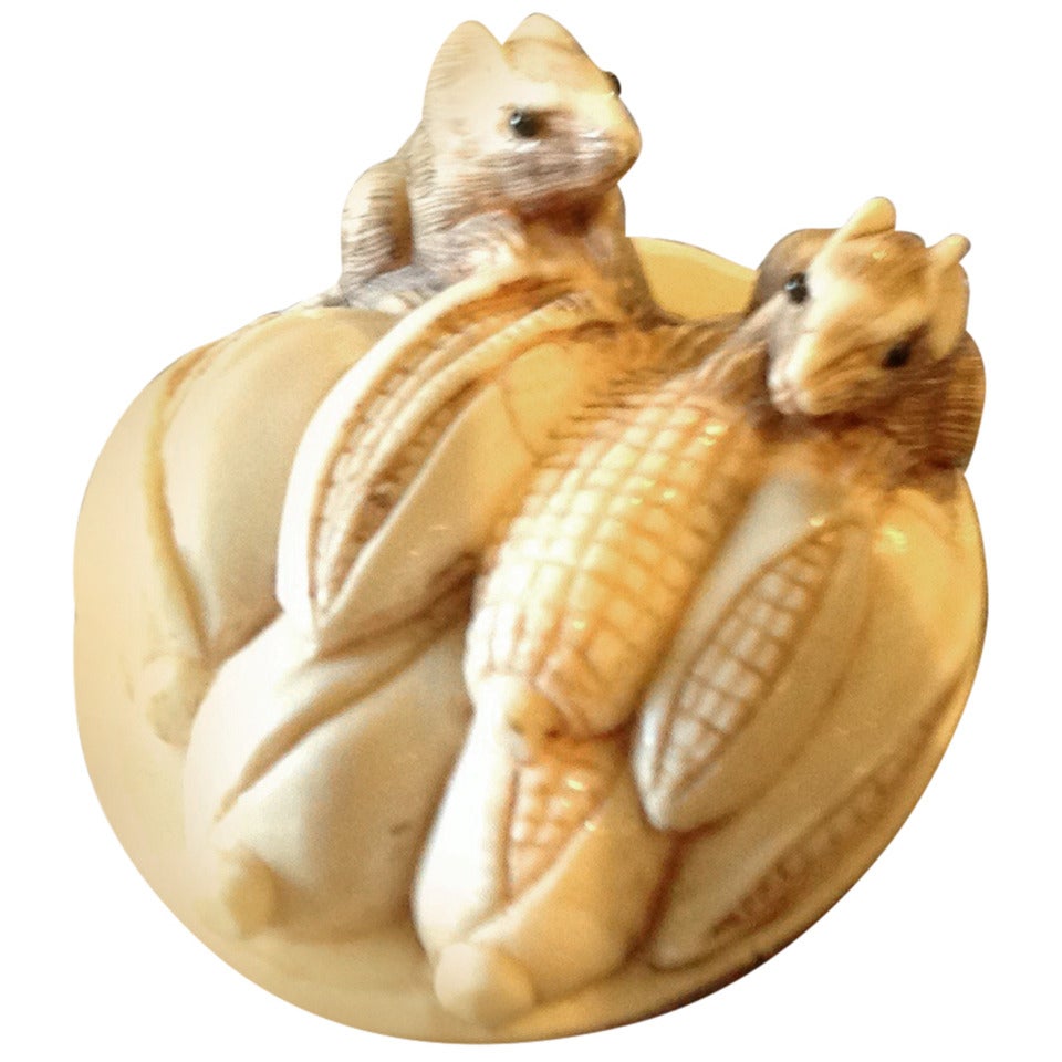 Netsuke Carved Ivory -Two Mice With Corn Kernels