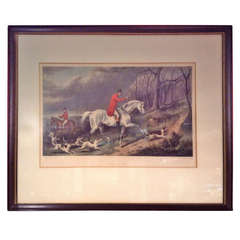 English Antique Colored Engraving of a Hunt Scene