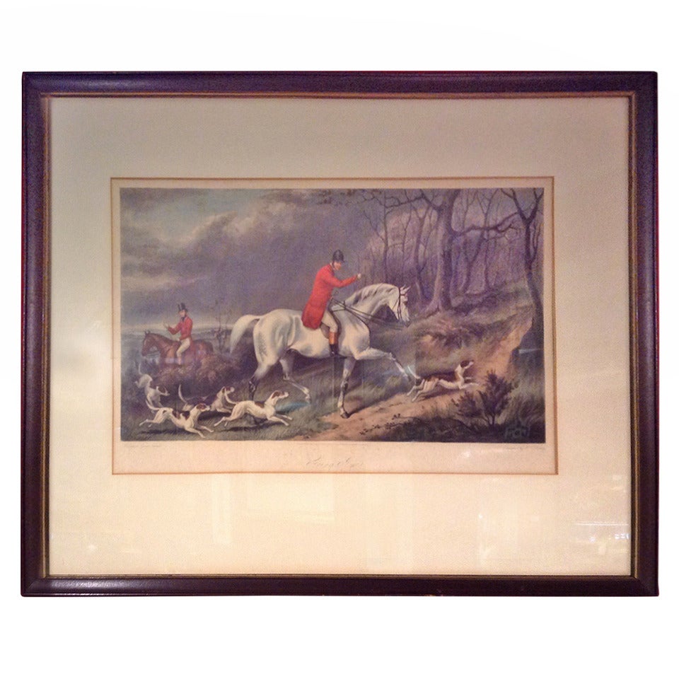 English Antique Colored Engraving of a Hunt Scene For Sale