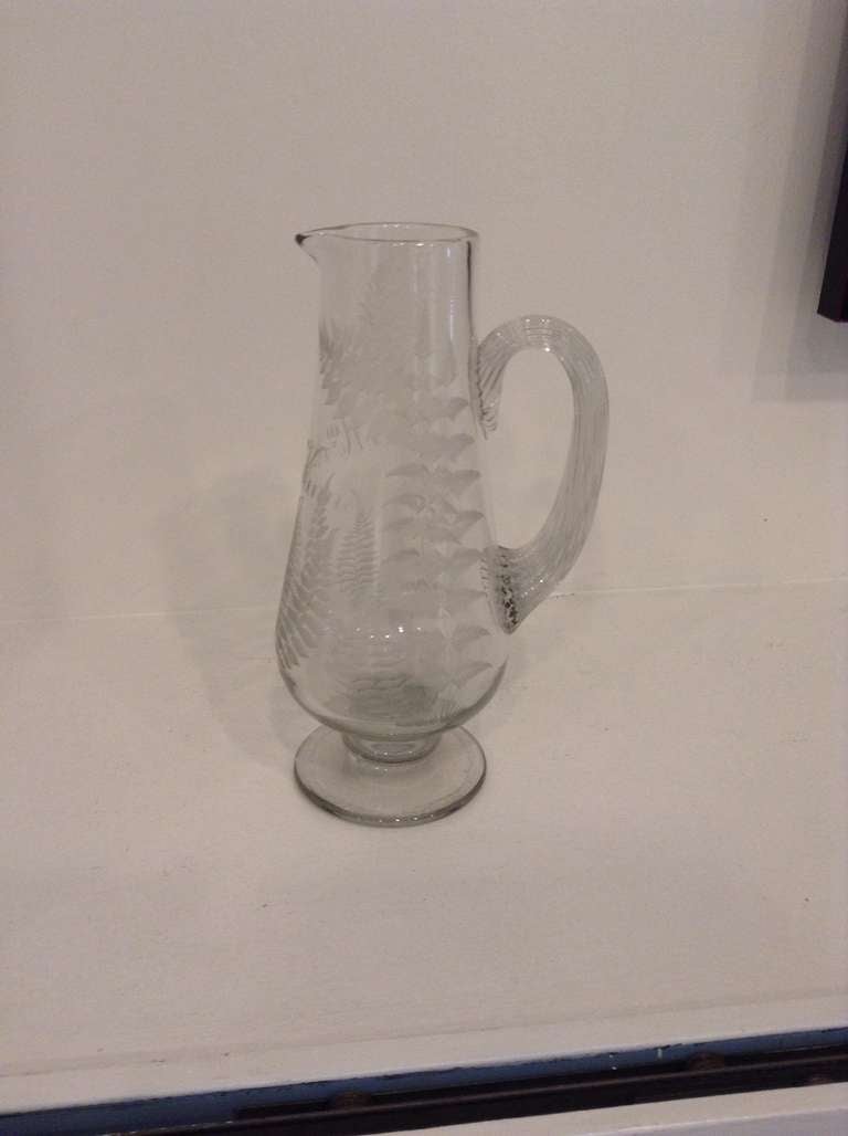 Beautiful 19th Cent English glass Pitcher with Fern Leaves around the whole pitcher. The front of the pitcher is also etched with the name 