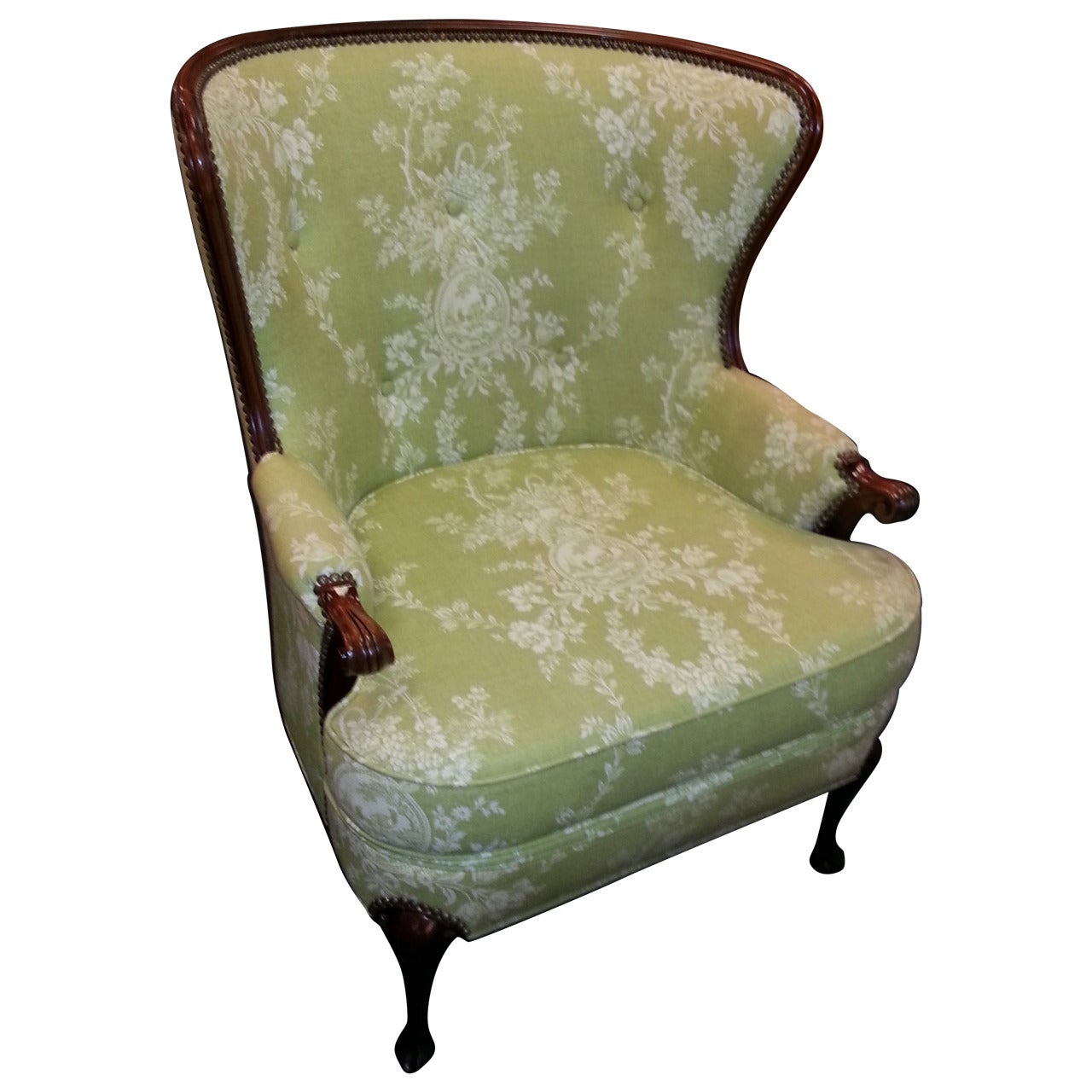 Wingback Chair Upholstered in Lime Green Toile