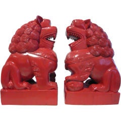 Near Pair of Large Hand-Carved Wooden Chinese Foo Dogs