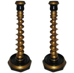 Pair Of Black Lacquer And Gilt Barleytwist Candlesticks