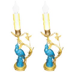 PAIR FRENCH GILT METAL LAMPS WITH PORCELAIN BIRDS