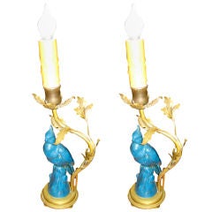 PAIR FRENCH GILT METAL LAMPS WITH PORCELAIN BIRDS