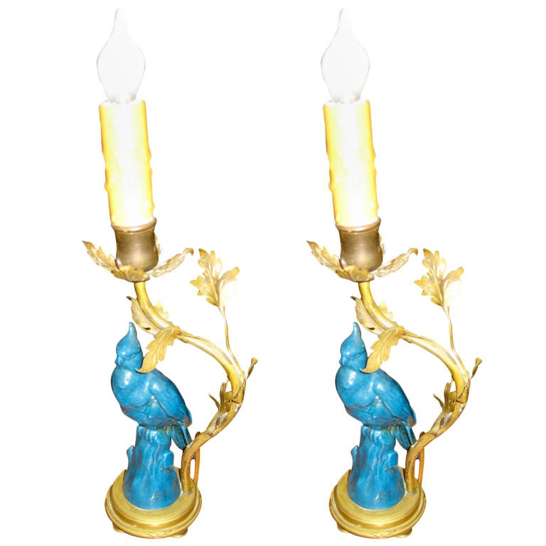PAIR FRENCH GILT METAL LAMPS WITH PORCELAIN BIRDS For Sale