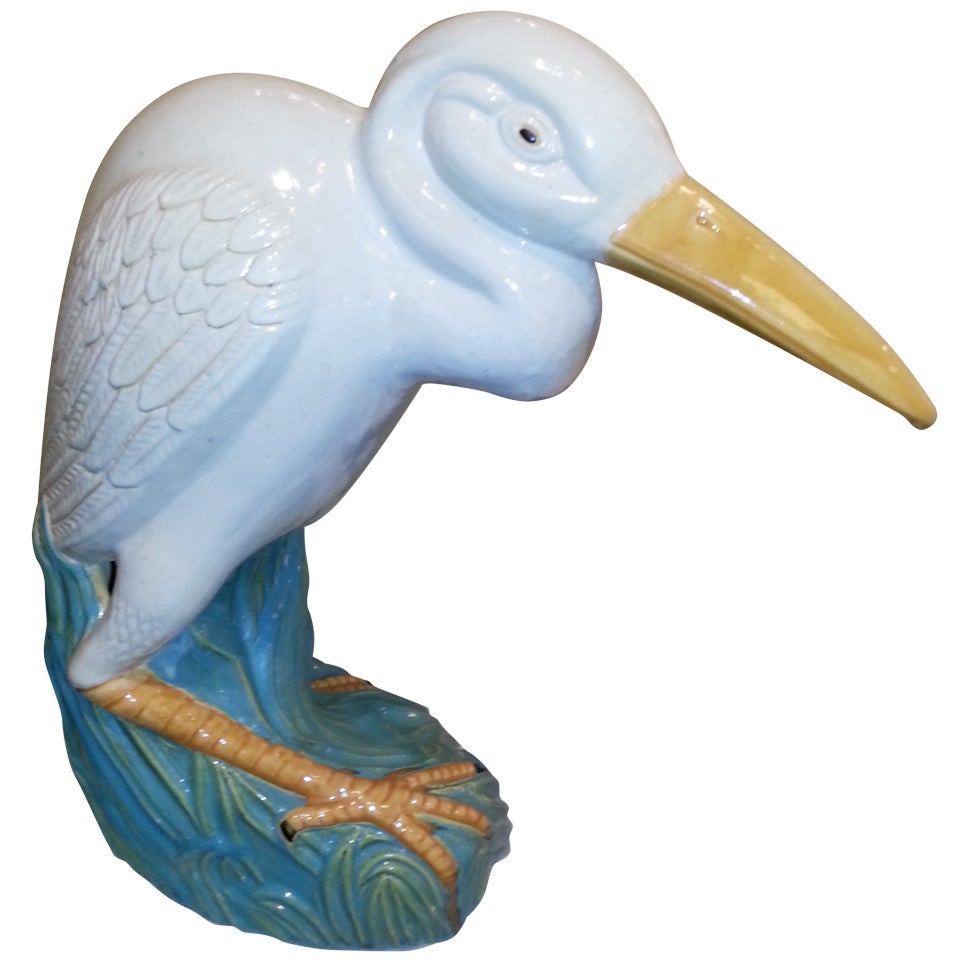 Majolica Style Life Size Egret For Sale