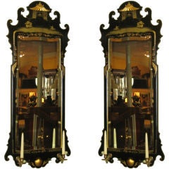 Pair Of Chinese Chippendale Style Black Lacquer   Mirrors