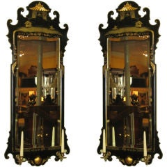Pair Of Chinese Chippendale Style Black Lacquer   Mirrors