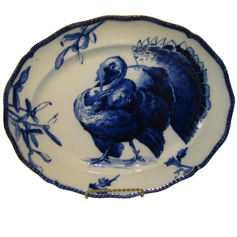 FLOW BLUE TURKEY PLATTER AND 12 DINNER PLATES BY ROYAL DOULTON