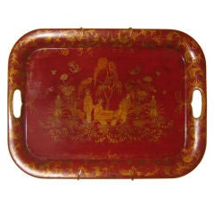 Red Tole Tray With Gilt Chinoiserie Design