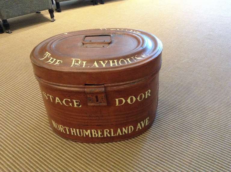 Wonderful Custom Painted English Tin Hat Box. The top reads 