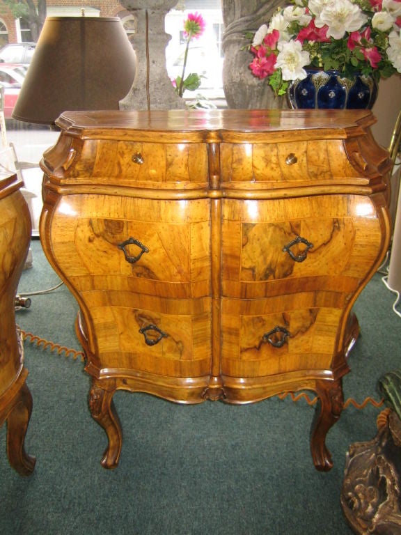Pair Of Italian Fruitwood Parquetry Bombe Commodes