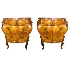 Pair Of Italian Fruitwood Parquetry Bombe Commodes