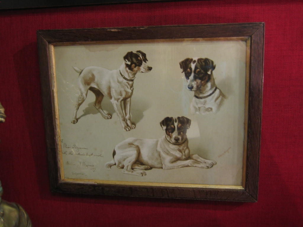 WONDERFUL CHROMOLITHOGRAPH OF FOX TERRIERS SIGNED IN INK BY THE ARTIST MISS HELENA MAGUIRE AND DATED 1899. THIS ARTIST WAS PROLIFIC FROM 1860-1909 AND WAS A MEMBER OF THE ROYAL ACADAMY . THIS ALSO IS ENSCRIBED 
