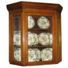 Antique Oak English Wall Display Cabinet  With Bevelled Glass
