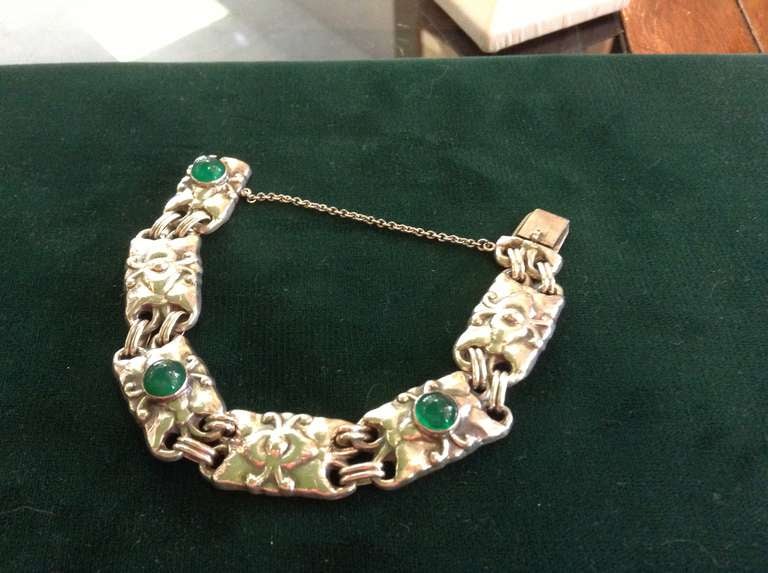 Peter Hertz Signed 826 Silver Bracelet Inset with Chrysophase Stones