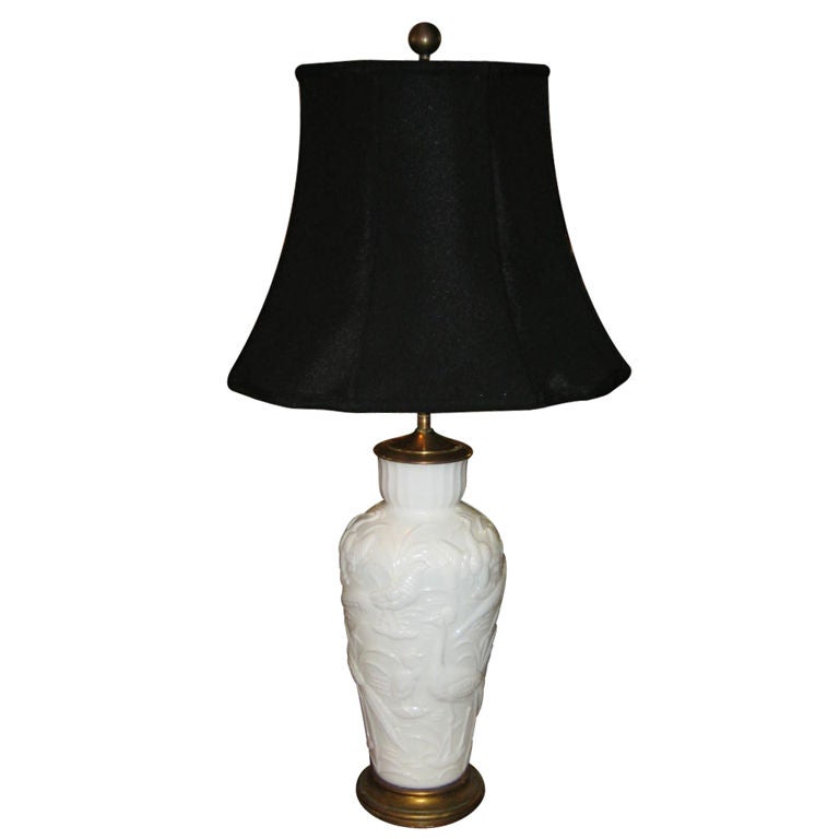 PEACOCKS glass LAMP GLASS lamp  CRANES, TABLE EMBOSSED BIRDS  milk table MILK WITH