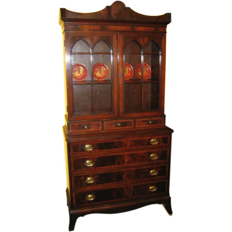 Mahogany Small Breakfront/display Cabinet With Gothic Arches