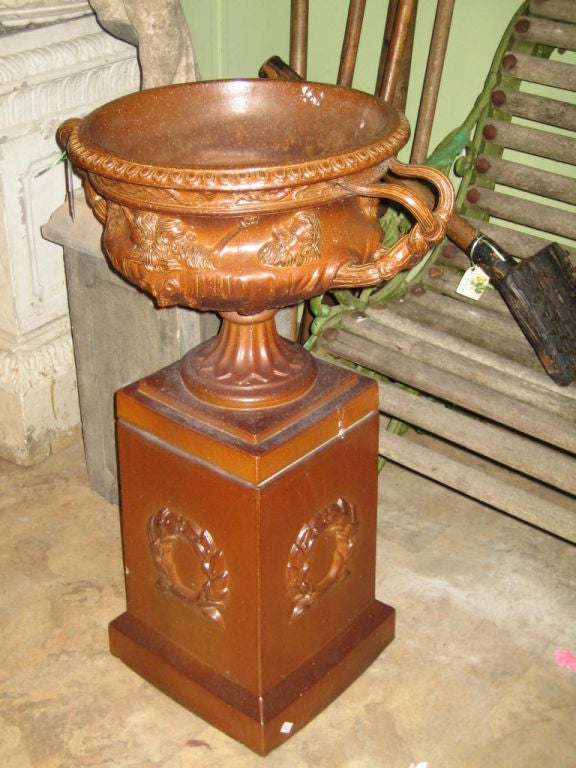 Glazed Terracotta Garden Urn On Plinth