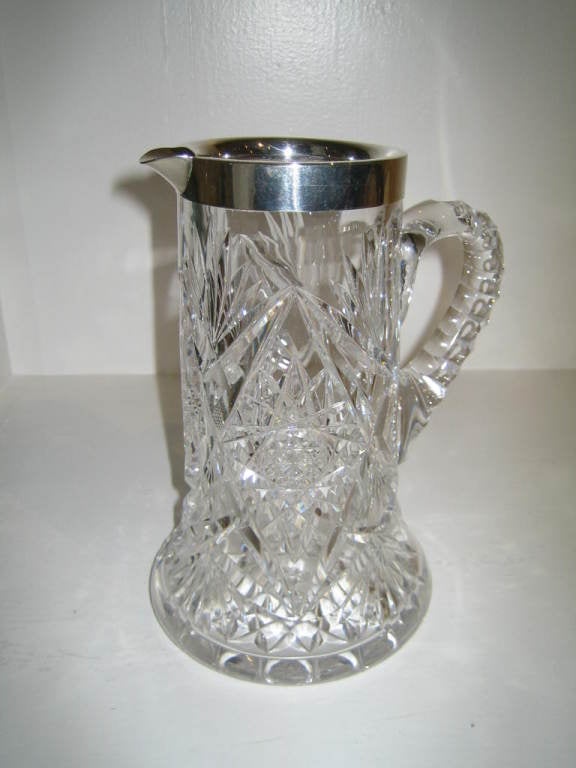 English  Heavy Crystal Jug With Hallmarked Silver Rim