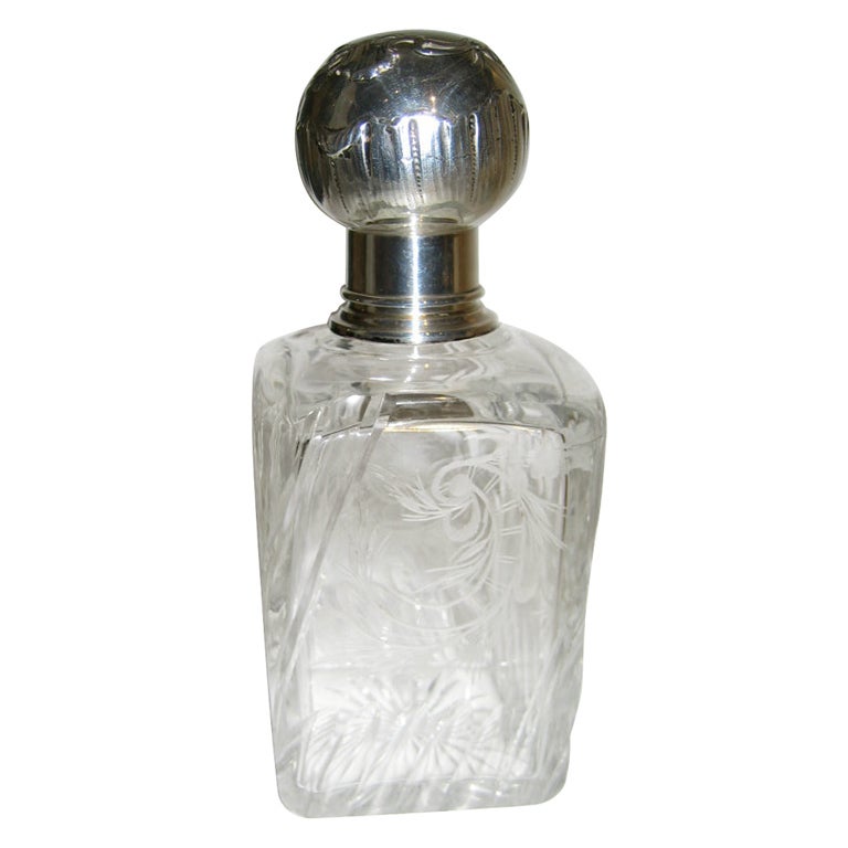 French Silver Top Crystal Bottle For Sale