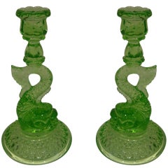 Pair Of Cambridge Glass Co. Dolphin Candelsticks