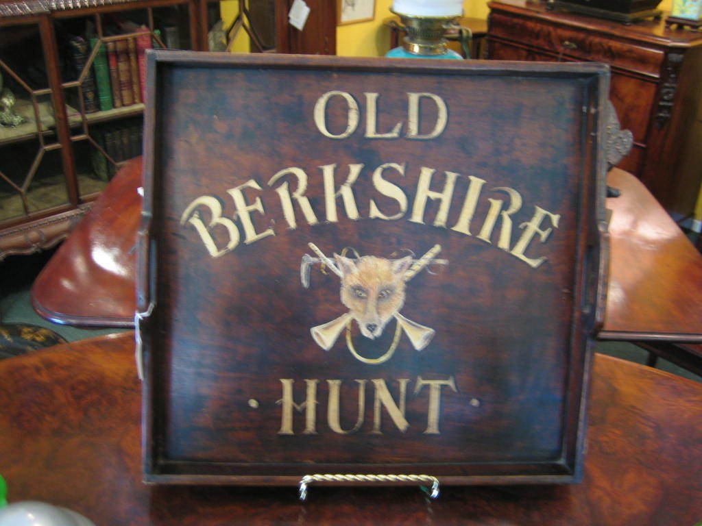 OLD SQUARE ENGLISH WOODEN TWO HANDLED TRAY WITH STENCILED FOX MASK AND WHIPS FROM THE OLD BERKSHIRE HUNT
