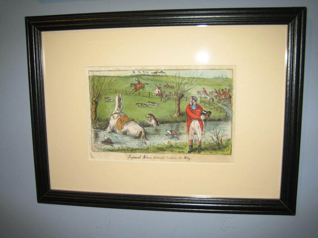 FABULOUS RARE SET OF 3 FRAMED HUMEROUS ILLUSTRATIONS FOR SURTEES BY JOHN LEECH - ALL HUNT RELATED . IMAGE 1 IS TITLED 