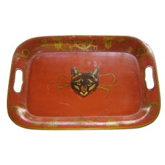 Antique Handpainted Tole Tray With Fox Mask - Signed