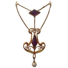 Antique Art Nouveau 14kt gold Amethyst and Pearl Lavaliere