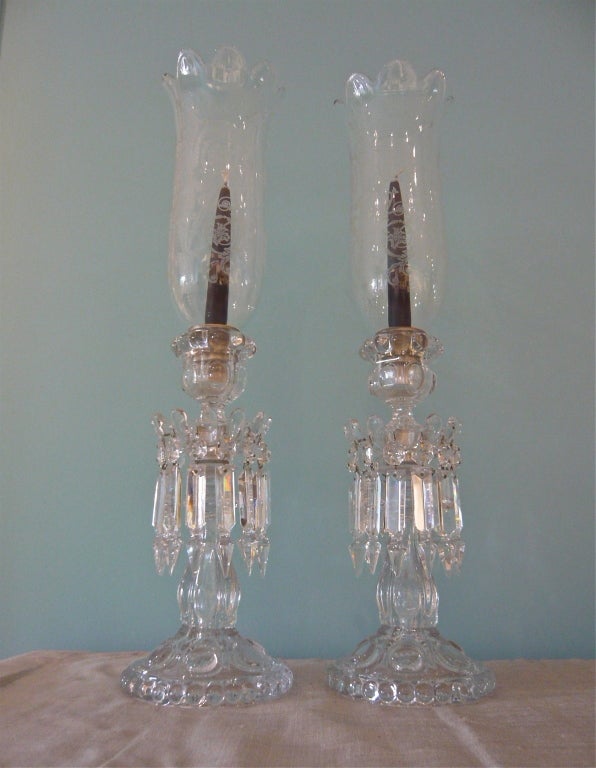 WOW!  A spectacular PAIR of stunning Baccarat single-light prismed candelabra with beautifully-etched, scallop-rimmed hurricane globes in the 