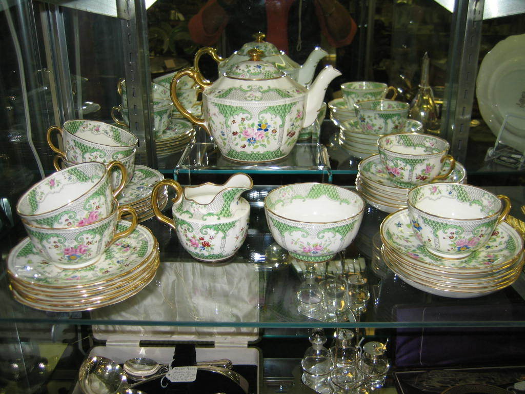 Fabulous Green English Adderley Fine Bone China 42 Piece Double Tea Set - Hand Decorated - Enamellled And Gilded. Consists Of 2 X Teapots With Lids, 2 Cake Serving Plates. 2 X Milk And Sugar, 6 X Large Cake Plates, 6 X Smaller Cake Plates, 12