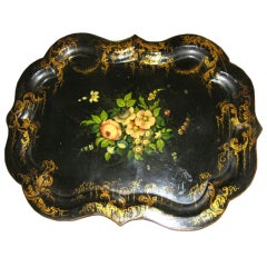 English Chippendale Style Black Lacquer Papier Mache Tray