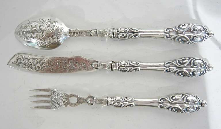 A beautiful and fabulous English early Victorian-era child's christening set in solid silver.  Wonderful intricate design, incorporating repousse and chasing.  Fully hallmarked Birmingham and dated 1857.