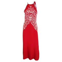 Vintage Carolina Herrera Red halter Embroidered Gown with shawl