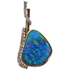Custom Made Natural Boulder Opal and Diamond Pendant