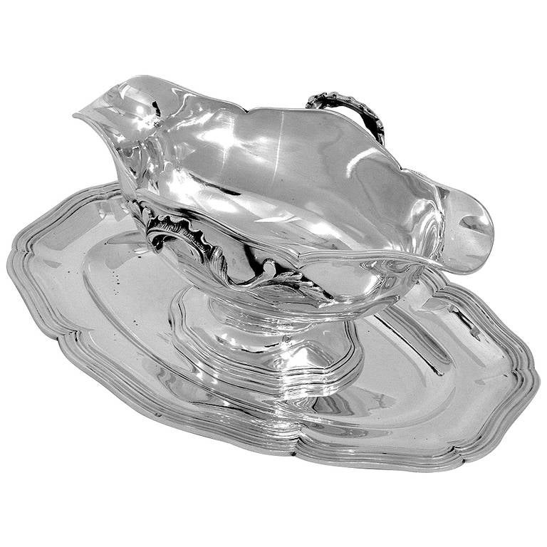 Puiforcat Exceptional French All Sterling Silver Gravy/Sauce Boat w/Tray Rococo For Sale