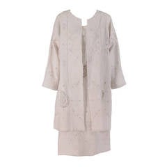 1960s Embroidered Linen & Retecella lace dress & coat