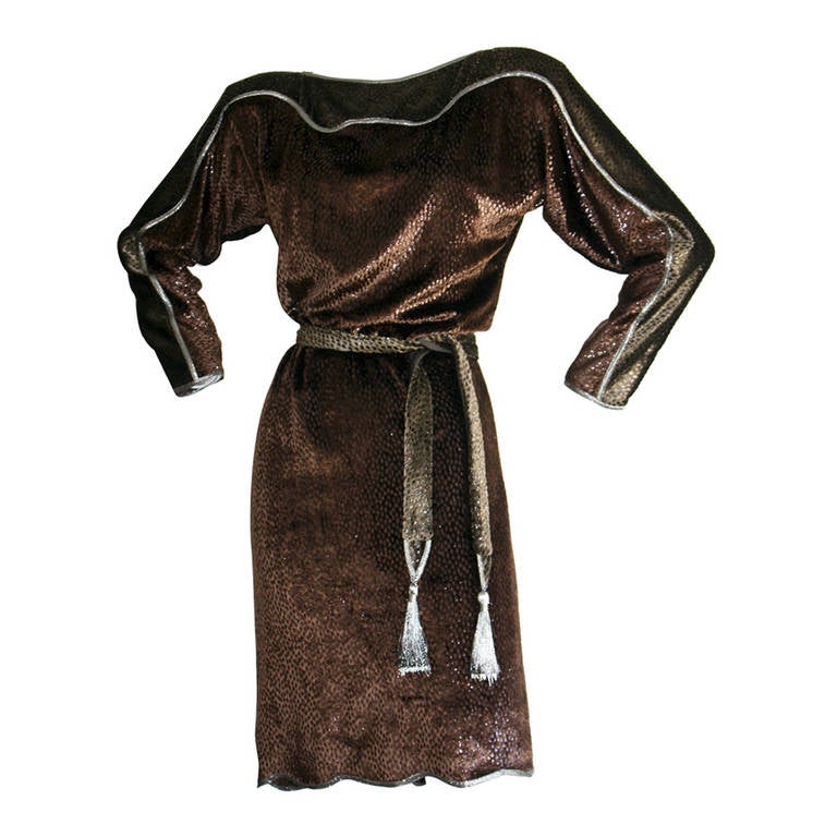 Vintage Geoffrey Beene Silk Velvet Leopard Dress W/ Tassel Belt For Sale