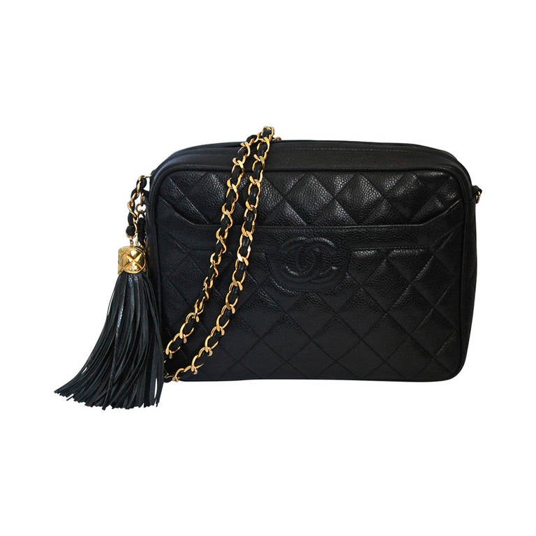 90's CHANEL black caviar quilted leather cross body bag with gilt chain & tassel